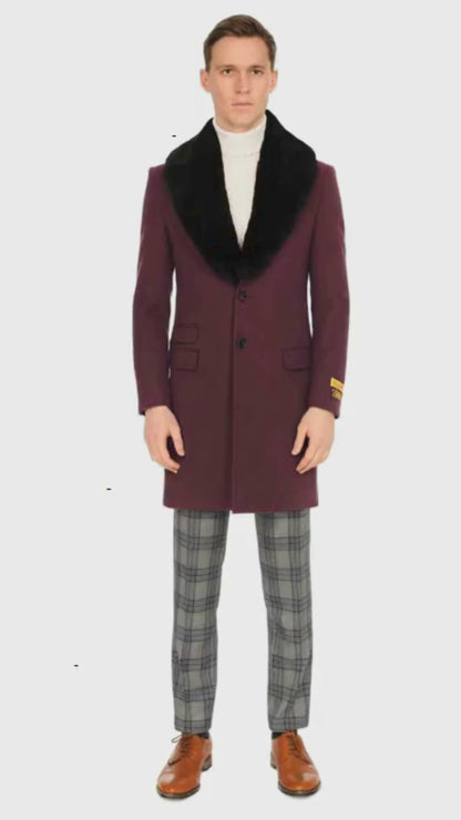 Mens Purple Pimp Coat - Overcoat with Black Faux Fur Collar – Luxury Winter Dress Coat for Formal and Casual Wear