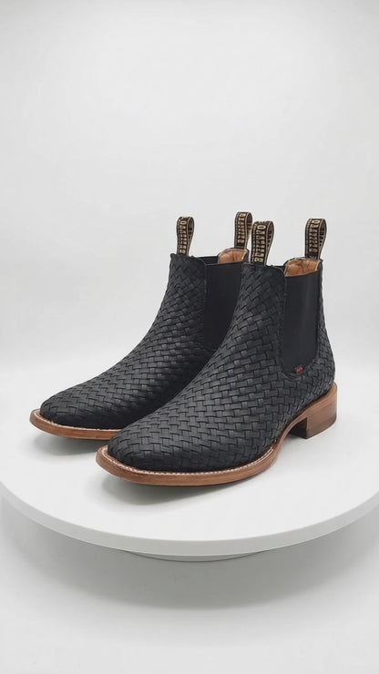 Besserro Men’s Black Petatillo Woven Leather Ankle Boots, Western Chelsea Style Square Toe Botines