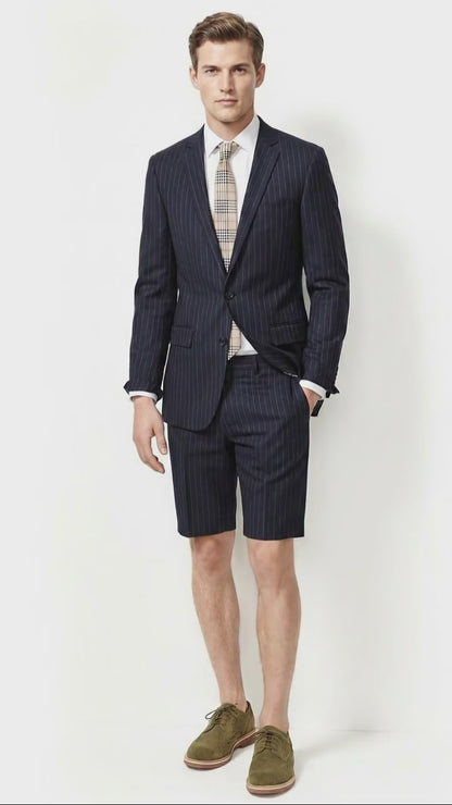 Men’s Dark Navy Blue Pinstripe or Black Pinstripe  Summer Business Suit with Shorts Pants Set – Sport Coat Style Formal and Casual Outfit
