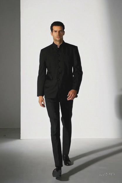 Mandarin Collar BANNED Collar Black Suit FINE HAND MADE Discount Sale Designer Super Light Weight