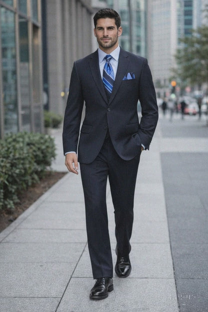 2TR Classic Fit - Executive Cut Poly-rayon Executive Pure Solid Dark Navy Suit Notch Collar Pleated Pants