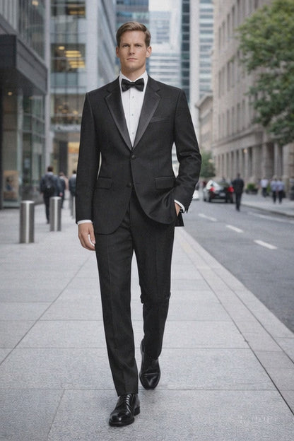 2 Button Solid Black Tuxedo With Black Trim No Pleated Pants Wool Suit