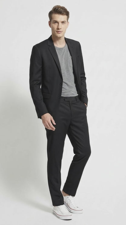 Men's Black Wool Suit – Classic 2 Button Modern Fitted Solid Color Business, Wedding & Formal Suit