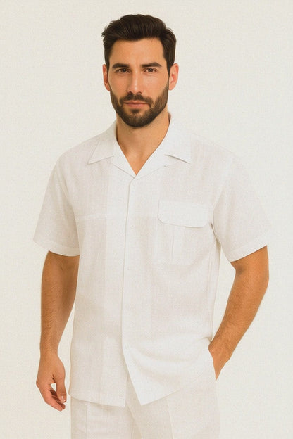 Mens Linen Suit / Cotton French Cuffs 2 Piece Summer Casual Two Piece Mens Walking Outfit For Sale Pant Sets Casual Suit Short Sleeve Shirt + Pants White All White Outfits For Men