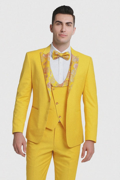 Radiant Golden Bloom Mens 3-Piece Suits with Floral Peak Lapel Modern Fit