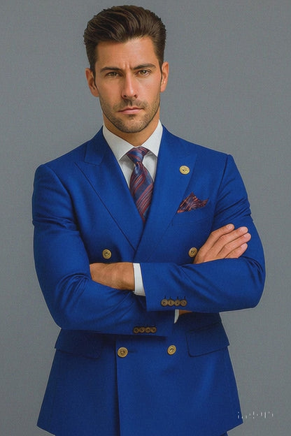 Mens Royal Blue Double Breasted Suit - 100% Suit - 100% Percent Wool Fabric Suit - Worsted Wool Business Suit