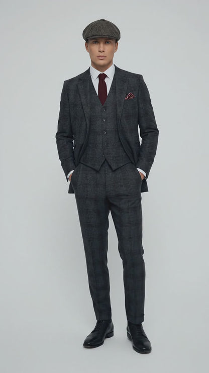 Men's Thomas Shelby Dark Grey Plaid 3-Piece Suit – Peaky Blinders 1920s Vintage Tweed-Style Wedding Suit with Matching Vest & Pants
