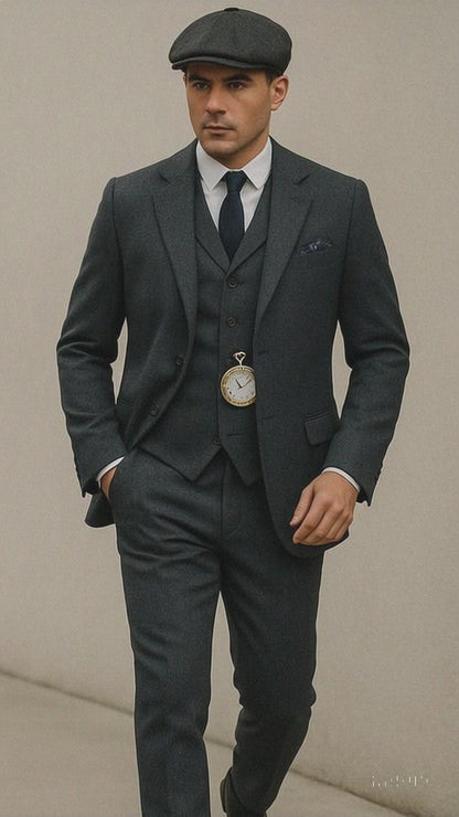 Men'S Gray Three Buttons Two Flap Front Pockets 3 Piece Peaky Blinders Suits - Peaky Blinders Outfit + Overcoat + Shirt And Hat + Boot (Like Pictured)