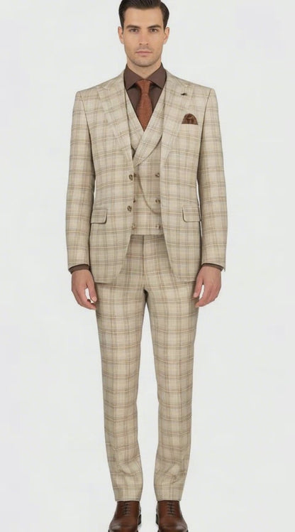 Khaki Plaid Suit - Vested Suit - 3 Piece Suits - Peak Lapel Suits - Windowpane Suit - 2 Button
