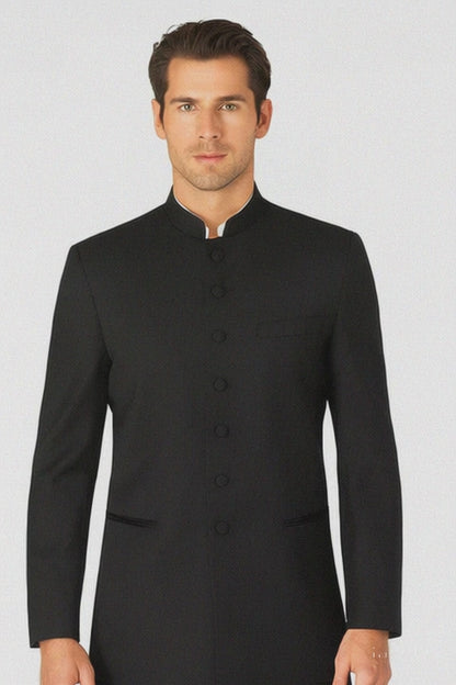 Mandarin Collar BANNED Collar Black Suit FINE HAND MADE Discount Sale Designer Super Light Weight