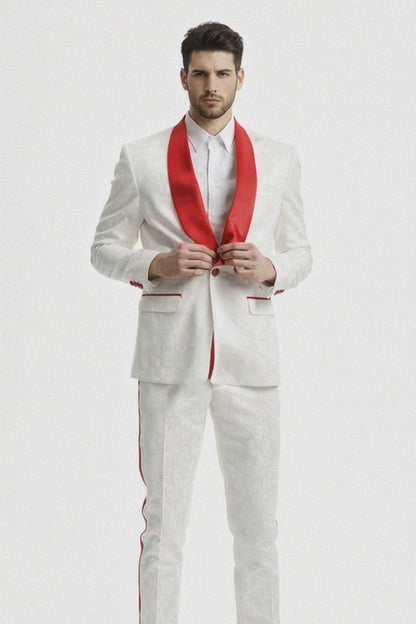Mens 1 Button Shawl Lapel White And Hot Red Wedding / Prom Outfit Tuxedo Suit + White Pants & White Vest