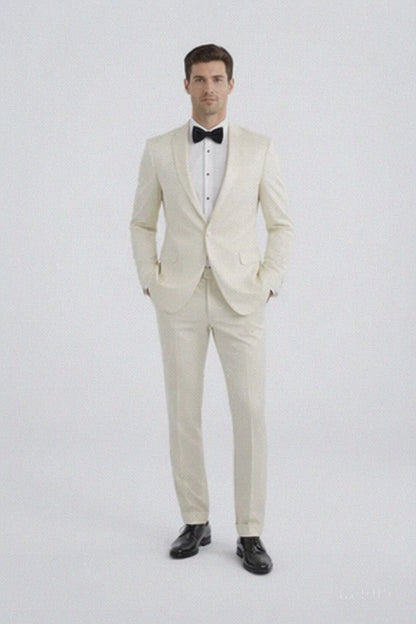 Men’s Ivory Slim Fit Tuxedo | Peak Framed Lapel Wedding Suit
