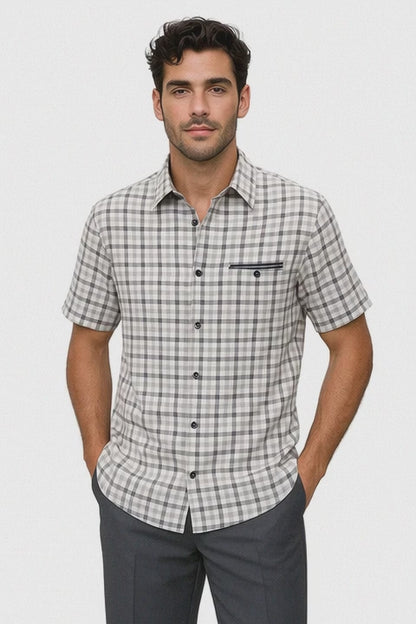 Mens Plaid Walking Suit in grey  by Dreams by Zacchi – 2 Piece Leisure Outfit with Matching Shirt and Pants - $99