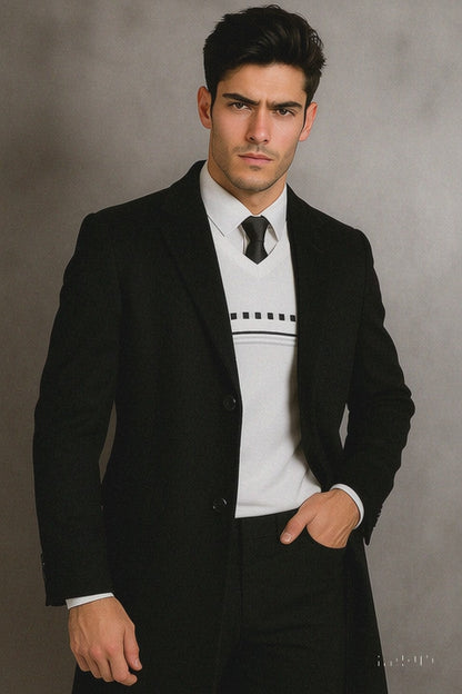 Men's Black Wool Overcoat – Big & Tall Dress Topcoat in Dark Color