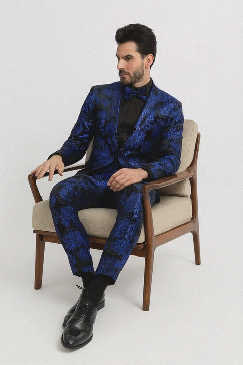 Royal Blue and Black Floral Tuxedo Suit