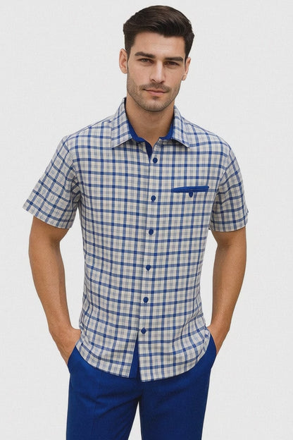 Mens Plaid Walking Suit in Royal by Dreams by Zacchi – 2 Piece Leisure Outfit with Matching Shirt and Pants - $99