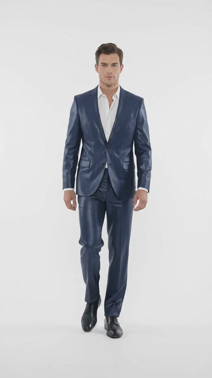 Men’s Dark Navy Blue Shiny Sharkskin Suit – 2-Button Side-Vent Formal Wedding & Prom Suit