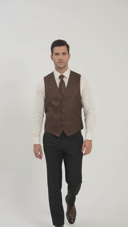 Men’s Dark Brown Paisley Tuxedo Vest and Matching Tie Set, Formal Wedding Waistcoat for Prom, Church and Parties