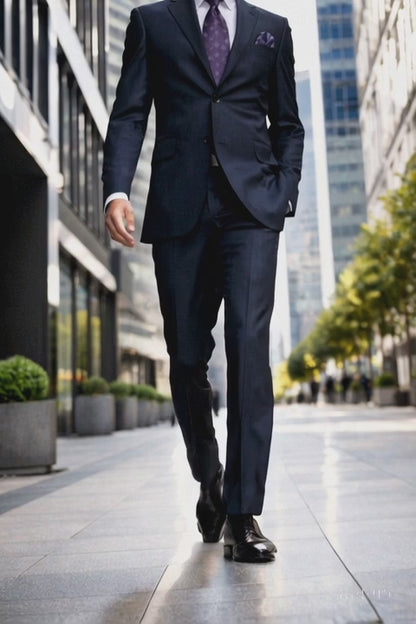 2 Btn Stripe ~ Pinstripe, Flat Front Pants, Side Vents, Pick Stitch, Super 150's Suit Dark Navy Blue  Suit For Men
