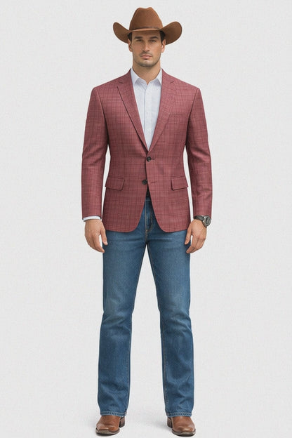 Saco vaquero - Western Sport Coat - Western Blazer  - Men's Two Button Regular Fit Windowpane Mauve Plaid Sport Coat Blazer