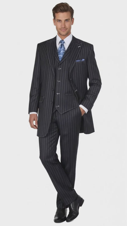 Men’s Three Button Suits -  Navy Blue Pinstripe Three-Piece Suit – Classic Business and Formal Wear - Zoot Suit
