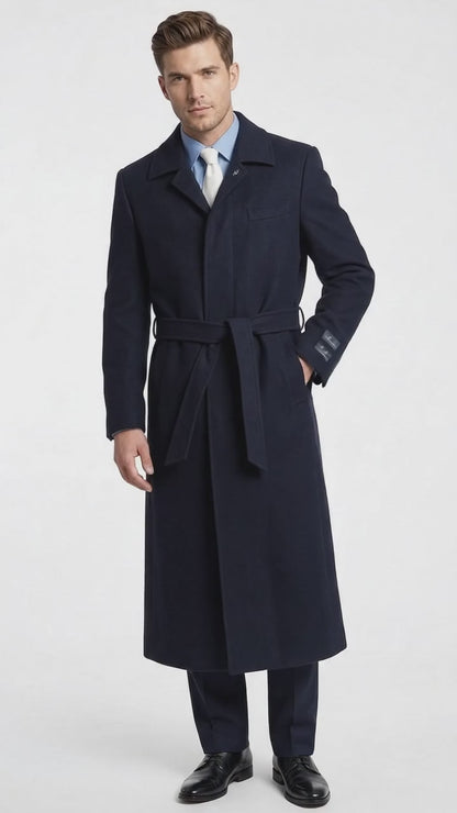 Men's Navy Blue Full Length Belted Overcoat – Classic Long Winter Dress Coat with Waist Belt