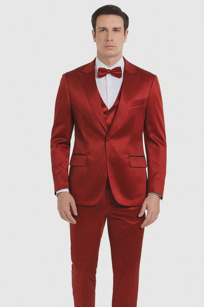 Tazzio Men's Burgundy Satin Double Breasted 3 Piece Skinny Fit Suit with Peak Lapel Jacket and Vest