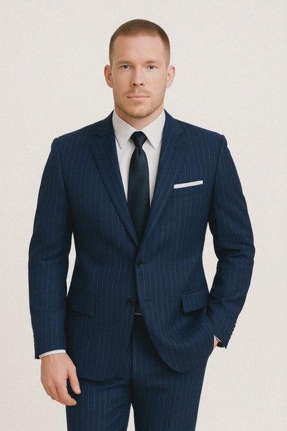Dark Navy Wide Pinstripe 2 Button Men's Suit - Dark Blue Suit