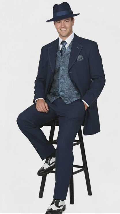 Mens 1920s Navy Blue Zoot Suit – Vintage Gangster 3-Piece Long Jacket Suit Classic Fit Pleated Pants