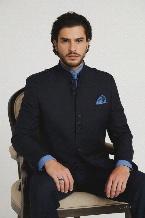  No Collar - Navy Blue Suit