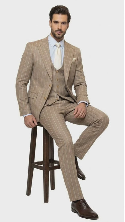 Men's Beige Pinstripe Three-Piece Vested Suit – Tailored Fit  Business Attire in Tan Stripe by Rossiman Modern Fit