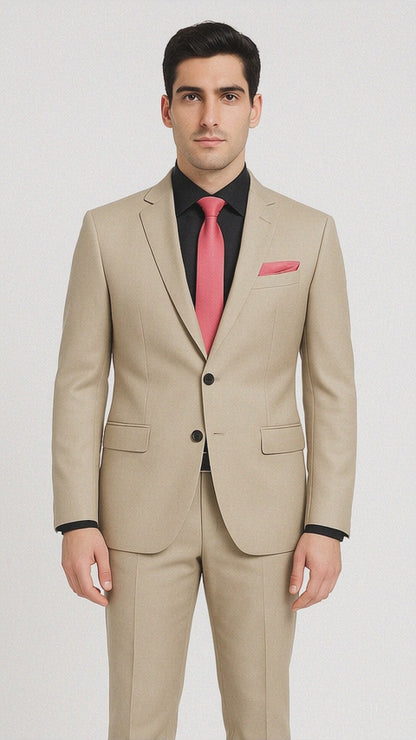Vitali Brand Suits - 2 Button Suit Slim Fit Sharkskin Textured Pattern Tapered Fit With Vent Sand Online Discount Fashion Sale