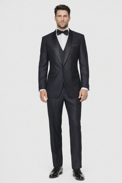 Indigo Shiny Tuxedo Vested Suit - Sateen Sharkskin Fabric Groom Suit