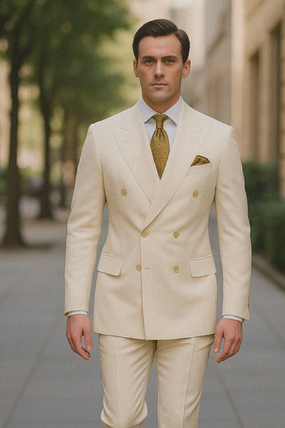 Off White - Ivory - Cream Color White Double Breasted Stylish Peaked Lapel Men Suits