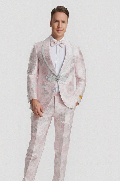 Men's Fancy Pink Floral Paisley Prom Tuxedo with Silver Trim Cheap Prom Tuxedos