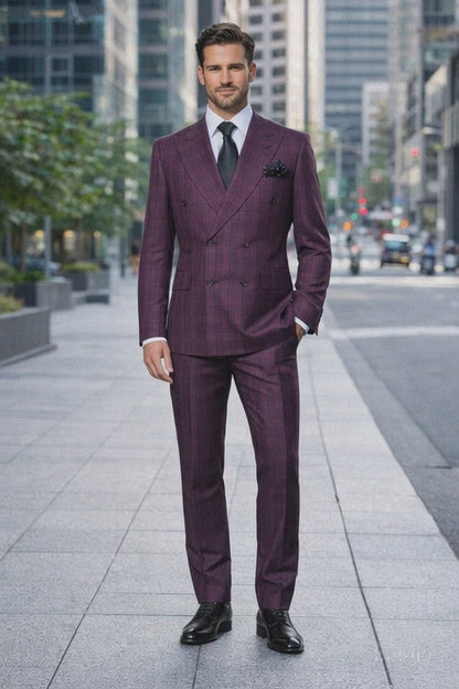 Slim Fit Double Breasted Raspberry Windowpane Formal Suit Rossi Man Milano RM1799