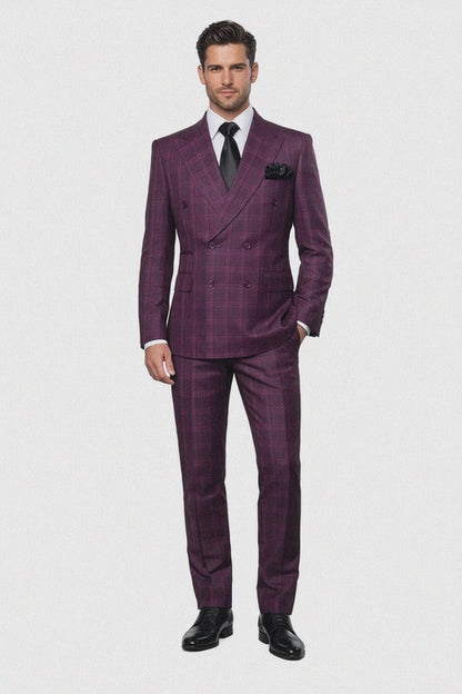 Slim Fit Double Breasted Raspberry Windowpane Formal Suit Rossi Man Milano RM1799