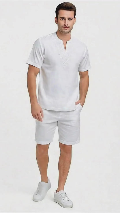 Men’s White Embroidered Short Set – Casual Summer Outfit With Walking Suit Plus Matching Pants