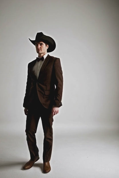 Western Suits For Wedding - Traje Para Hombre - Cowboy Suit With Trim Collar - Slim Fit Cut -  Brown Fitted Pants
