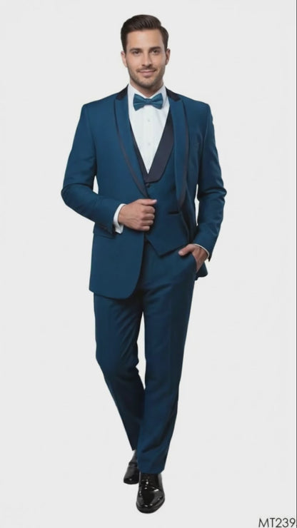 Men’s Teal Blue Tuxedo – 3-Piece Formal Suit with Satin Shawl Lapel, Vest, and Pants in Saphire Cobalt Blue Color