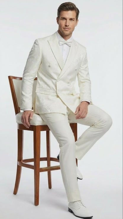 Men’s Ivory Double Breasted Tuxedo Dinner Jacket – Textured Blazer Paisley Texture Pattern in Off White Cream Color + Bowtie