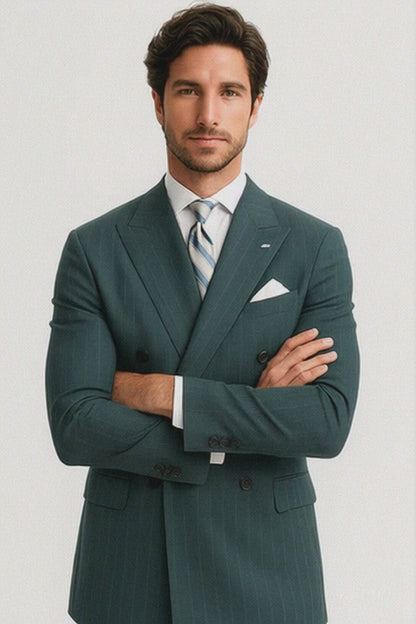 Mens "Hunter Green - Olive Green" Double Breasted Pinstripe Suit - Flat Front Pant Modern Fit