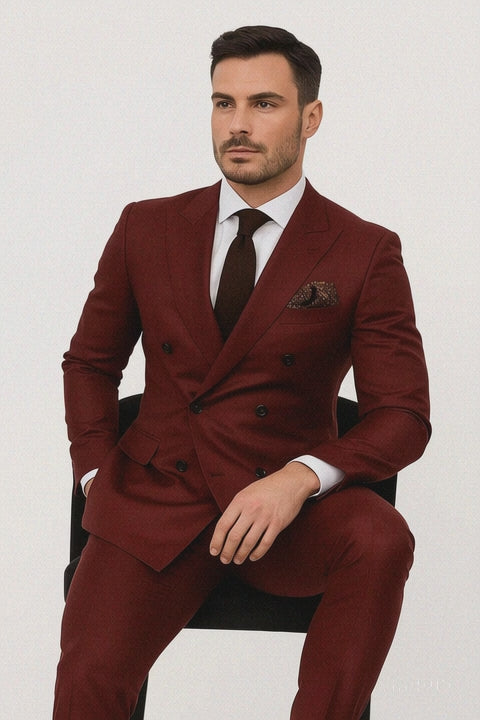 Double Breasted Slim Fit Suit - Burgundy Suit 