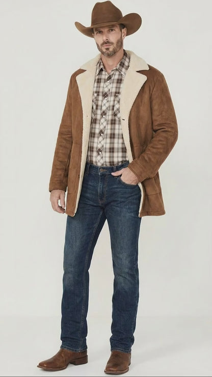 Men’s Brown Western Faux Suede Blazer Coat – Cowboy Style Long Jacket for Wedding, Party and Special Events