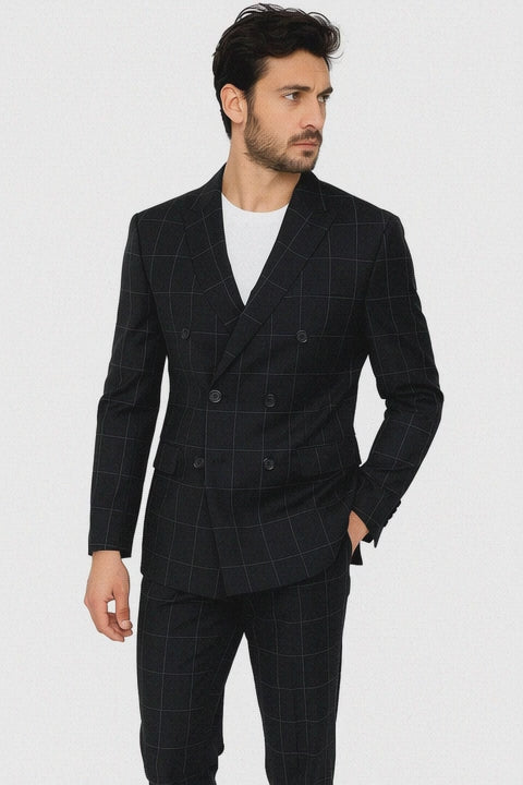 Mens Double Breasted Bold Windowpane Suit in Black