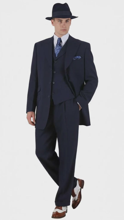 Men’s 1920s Navy Blue Zoot Suit – Classic Gangster 3-Piece Long  - Classic Fit Pleated Pants