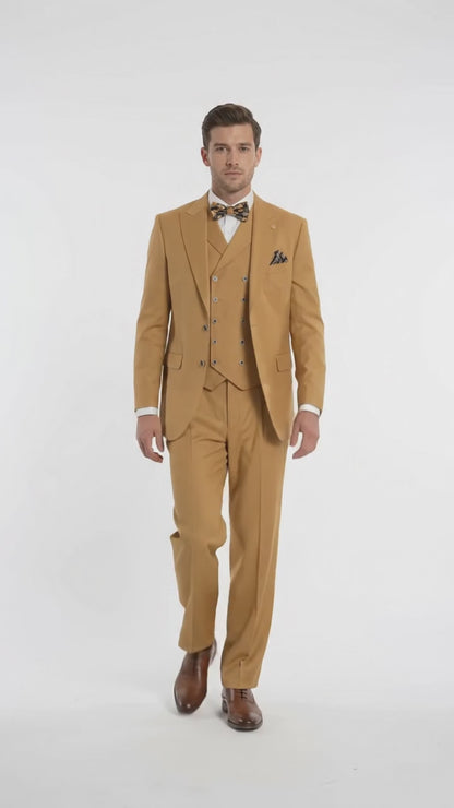 Men’s Camel Big & Tall 3-Piece Wool Suit – Peak Lapel Classic Fit with Double-Breasted Vest & Pleated Pants