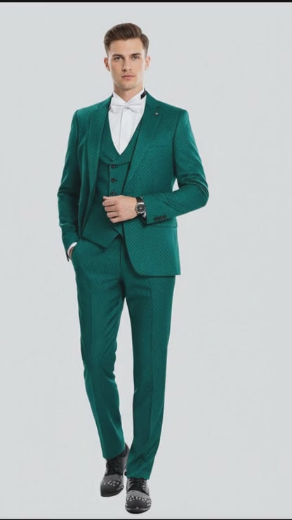 Men’s Emerald Green Textured 3-Piece Suit – Polk Dot Pattern Formal Wedding, Prom, and Evening Wear Outfit