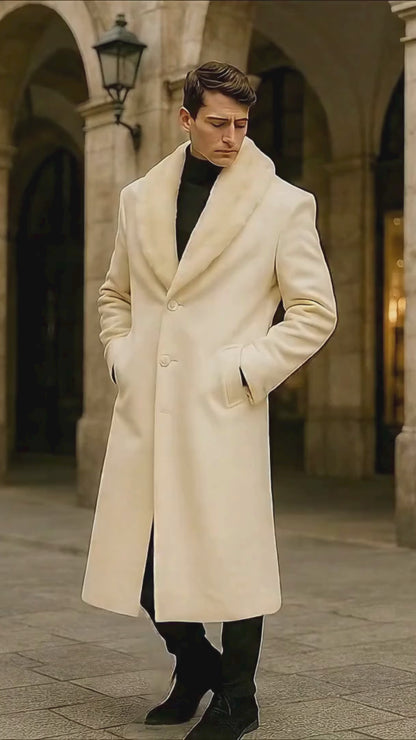 Men’s Ivory - Cream - Off White Full-Length Overcoat with Luxurious Faux Fur Shawl Collar – Winter Dress Coat