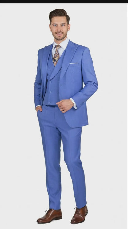 Men’s Light Blue Double-Breasted 3-Piece Suit Set – Tailored Fit Formal Business Suit in Steel Blue Sky Blue Color Modern Fit